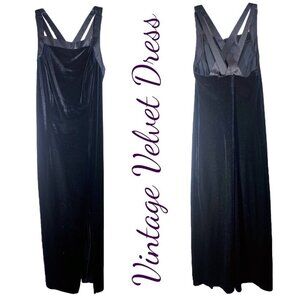 CDC PETITES VINTAGE BLACK VELVET Y2K STRETCHY FORMAL DRESS SATIN STRAPPY BACK, 8